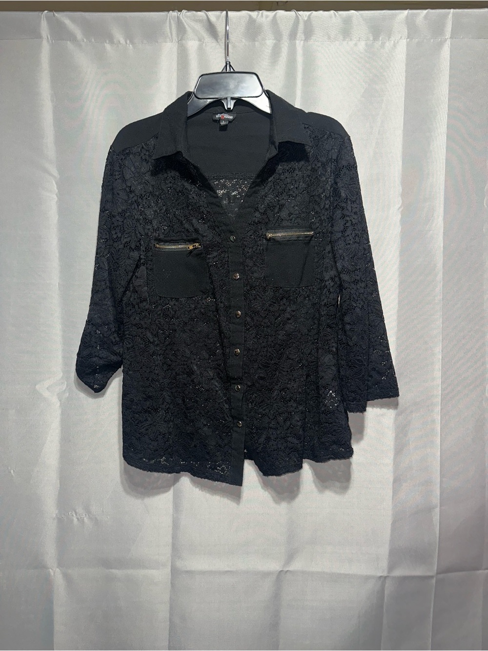 Fashion Magazine Black Lace Button-Down Shirt